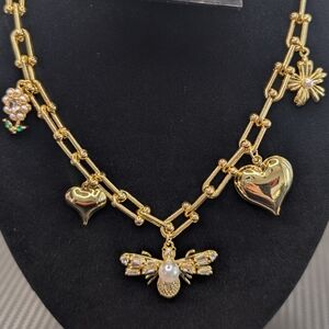 Gold Charm Necklace with Heart and Bee Pendants